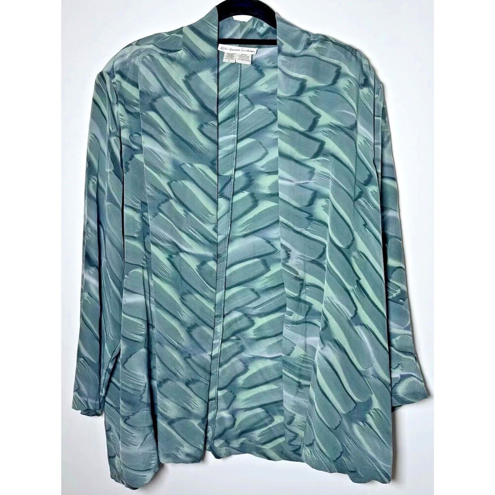Aliki‎ Yamani Creations Silk Cardigan Womens 2X Open Front Sheer Green Abstract